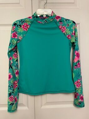 Lands’ End Girls Large Size 14 Rash Guard Top Green Turquoise Long Sleeves